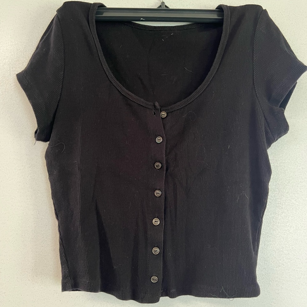 Black Short Sleeve Button Down Crop Top
